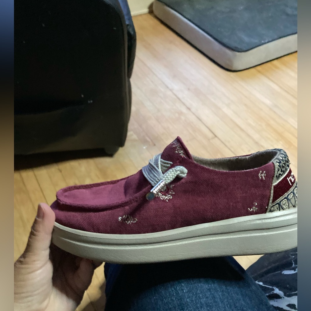 Hey Dude Maroon and Cream Slip-On Loafers with Moccasin Stitching